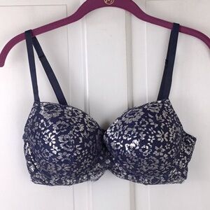 Victorias Secret Bra Dream Angels Lined Demi Blue Silver Lace 34DD